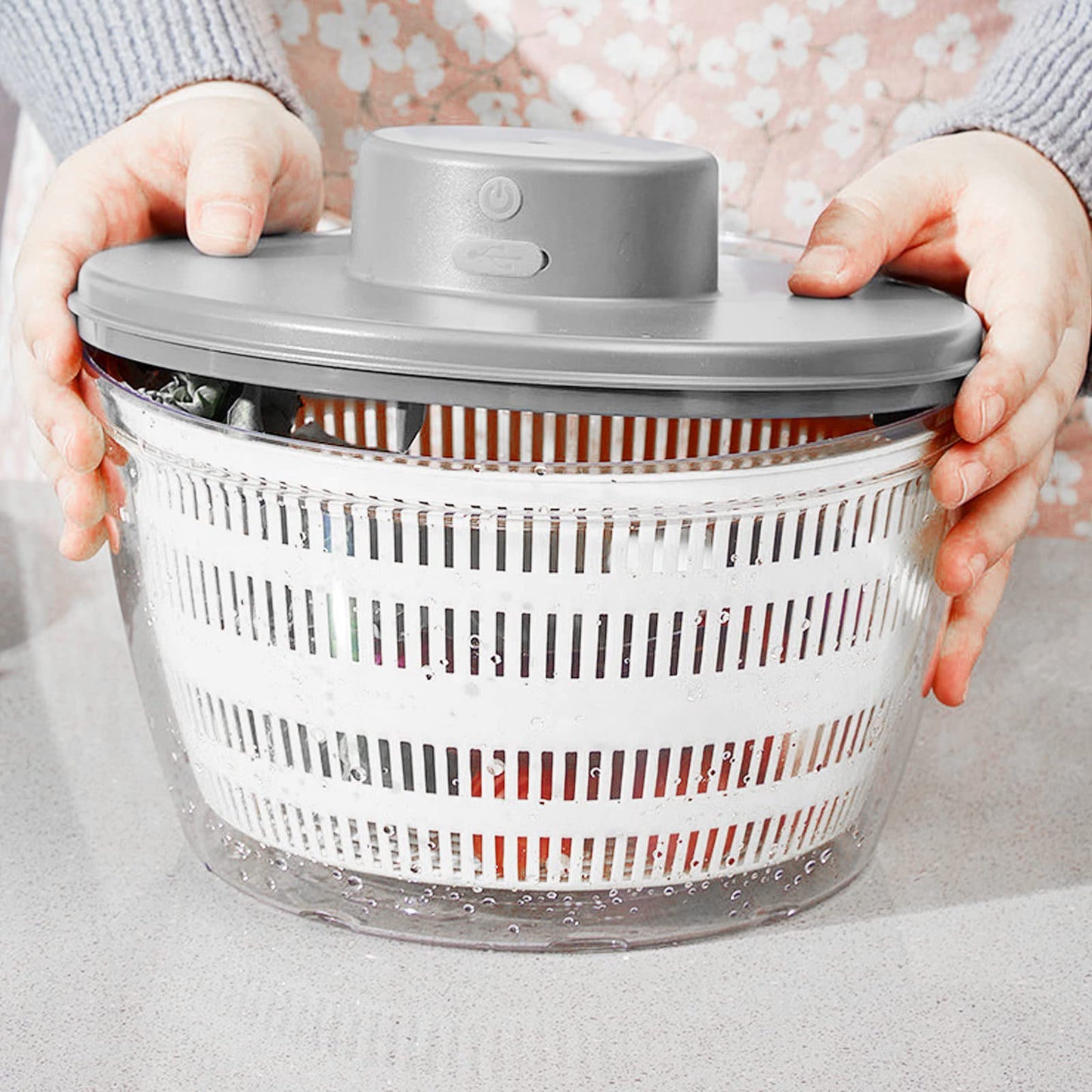 Vegetables Washer Dryer,4L Large Capacity Fruit Vegetable Strainer Spinner,USB Electric Salad Lettuce Spinner,Automatic Compact Salad Cleaner and Dryer for Home Kitchen(White)