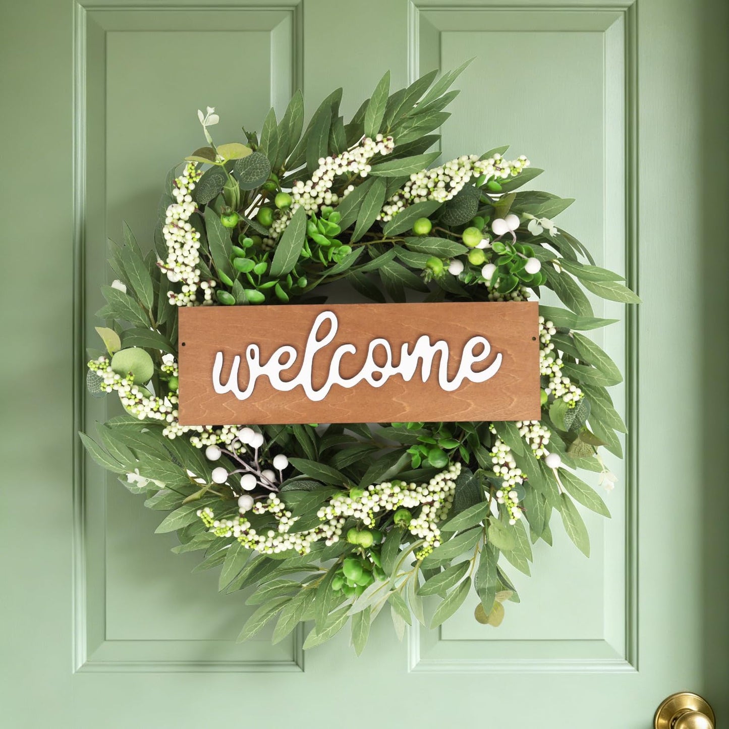20in Wreath for Front Door,Spring Wreaths with Welcome,Greenery Summer Wreath for All Season,Farmhouse, Outdoor, Porch, Garden, Wedding Decor