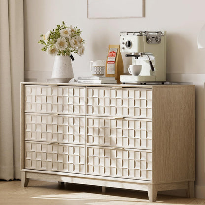 COLAMY Fluted Dresser, Modern Wooden 6 Drawer Dresser 55”, Side Board Buffet Storage Cabinet, Accent Cabinet with Metal Handles for Bedroom, Entryway, Hallway, Oak