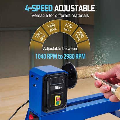 GarveeTech Wood Lathe, 14 in x 40 in, Power Wood Turning Lathe 400W, 4 Speed 1040/1480/2130/2980RPM, Benchtop Wood Lathe for High Speed Sanding and Polishing of Finished Work