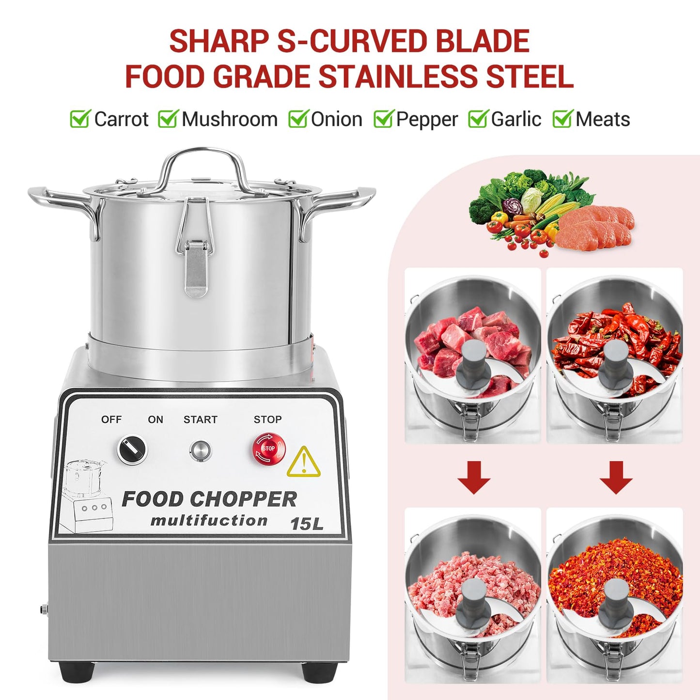 16 QT Commercial Food Processor, 1400W Stainless Steel Electric Food and Vegetable Processors, Easy Operation Chopper Meat Grinder Machine with Blade, Gloves, Brush, for Commercial Kitchen Restaurant