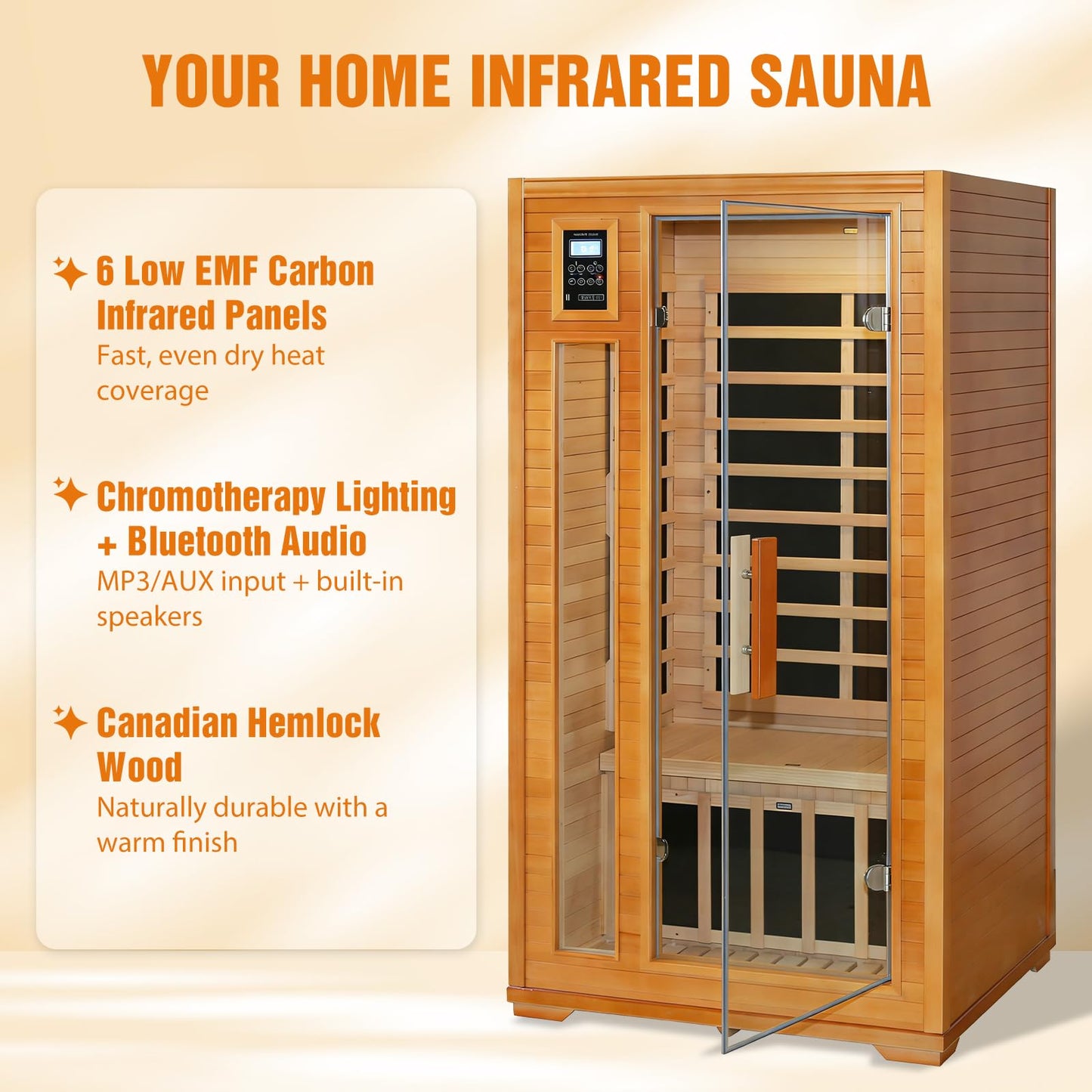 EAGLE PEAK 1-2 Person Low EMF Far Infrared Sauna, Red Light and Chromotherapy Lighting, Bluetooth Speakers, USB Port, Indoor Dry Heat Sauna, Canadian Hemlock Wood, Brown