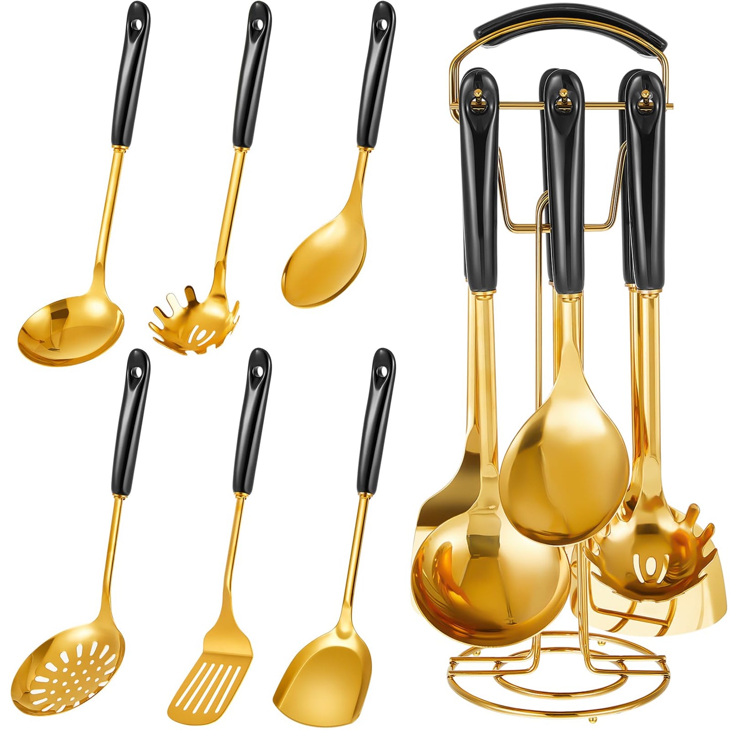 Blushtier 7 Pcs Black and Gold Cooking Utensils Set, Stainless Steel Kitchenware Gift with Hanging Shelf, Slotted Spoon, Slotted Spatula, Large, Soup Ladle, Spatula, Pasta Spoon, Easy to Clean
