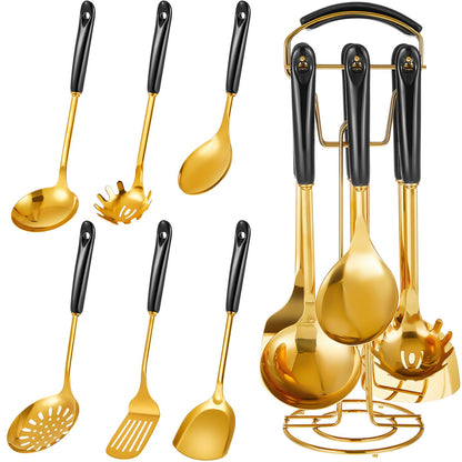 Blushtier 7 Pcs Black and Gold Cooking Utensils Set, Stainless Steel Kitchenware Gift with Hanging Shelf, Slotted Spoon, Slotted Spatula, Large, Soup Ladle, Spatula, Pasta Spoon, Easy to Clean