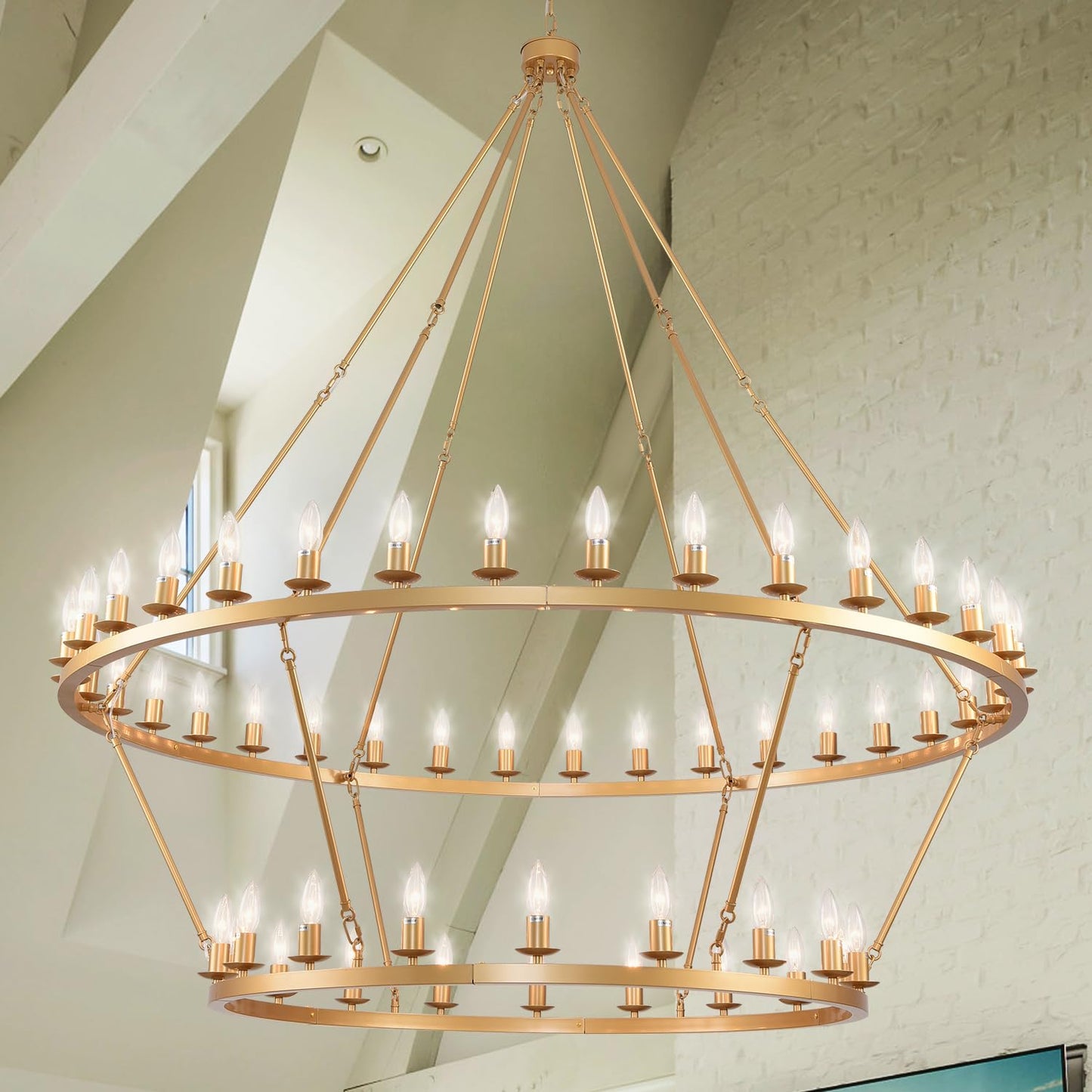 JKLX 60 Inch Gold Extra Large Wagon Wheel Chandelier, 2 Tier 54-Lights Farmhouse Industrial Round High Ceiling Pendant Light Adjustable Chain, for Dining Room, Living Room