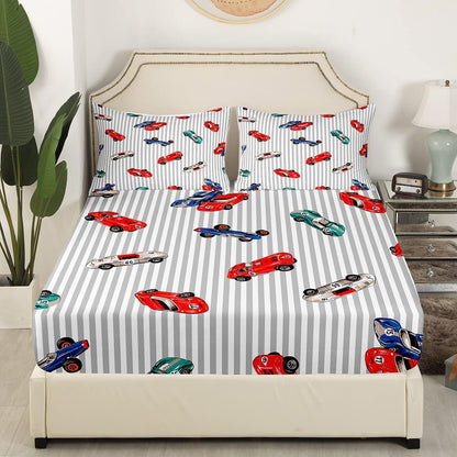 Set Set Feelyou Race car Bed Sheet Speed Sports Car Bedding Racing Car Fitted Sheet White Grey Flat Sheet for Kids Boys