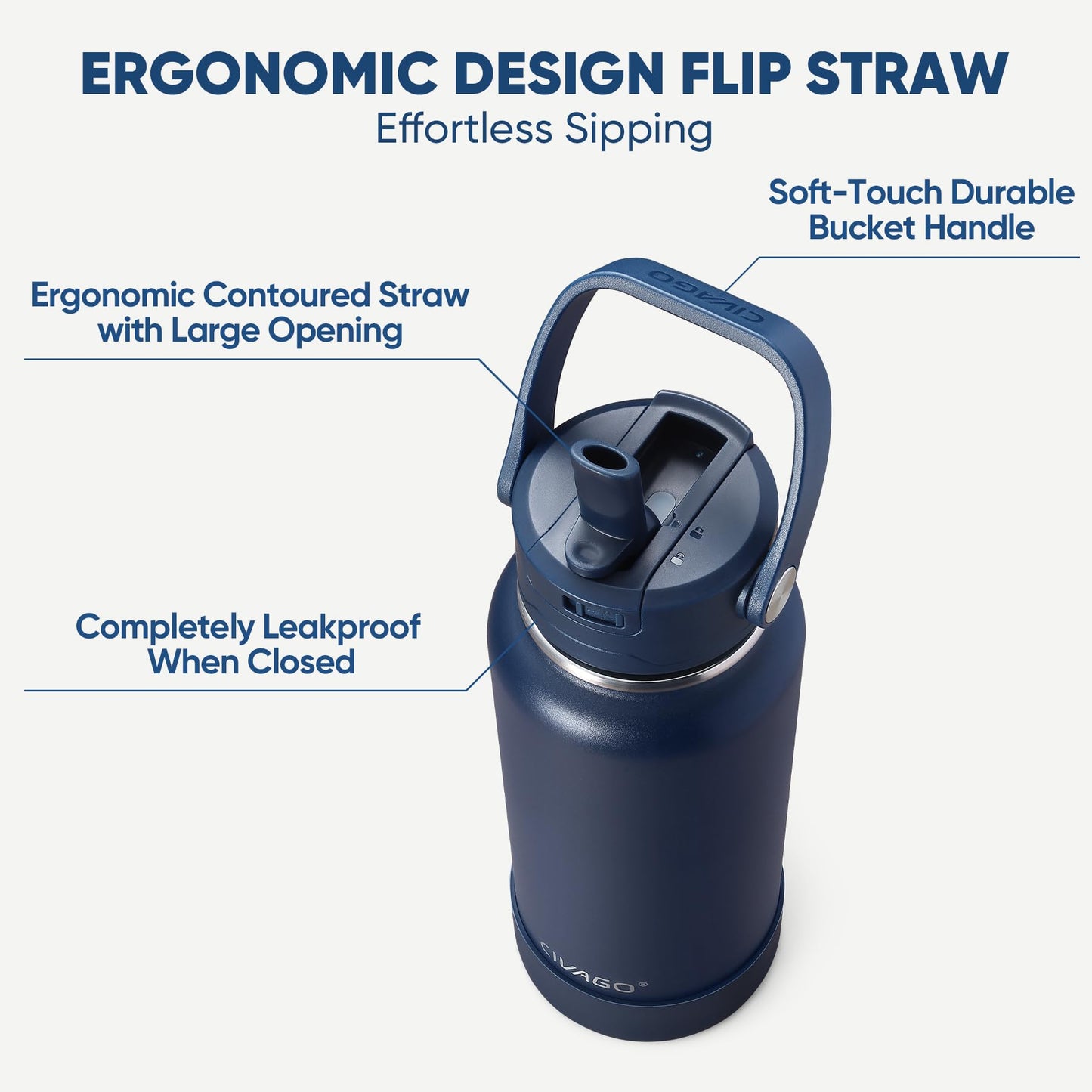 CIVAGO 32 oz Insulated Stainless Steel Water Bottle with Detachable Straw, Large Metal Water Jug with Bucket Handle, Leakproof Sports Water Flask with Silicone Boot for Travel, Dishwasher Safe, Black