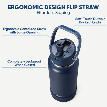 CIVAGO 32 oz Insulated Stainless Steel Water Bottle with Detachable Straw, Large Metal Water Jug with Bucket Handle, Leakproof Sports Water Flask with Silicone Boot for Travel, Dishwasher Safe, Black
