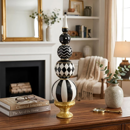 Bechivie Black and White Checkered Decor, 15.7 Inch Resin Modern Sphere Sculpture, Table Top Mantel Office Desk Shelf Halloween & Christmas Decorations for Home Statue