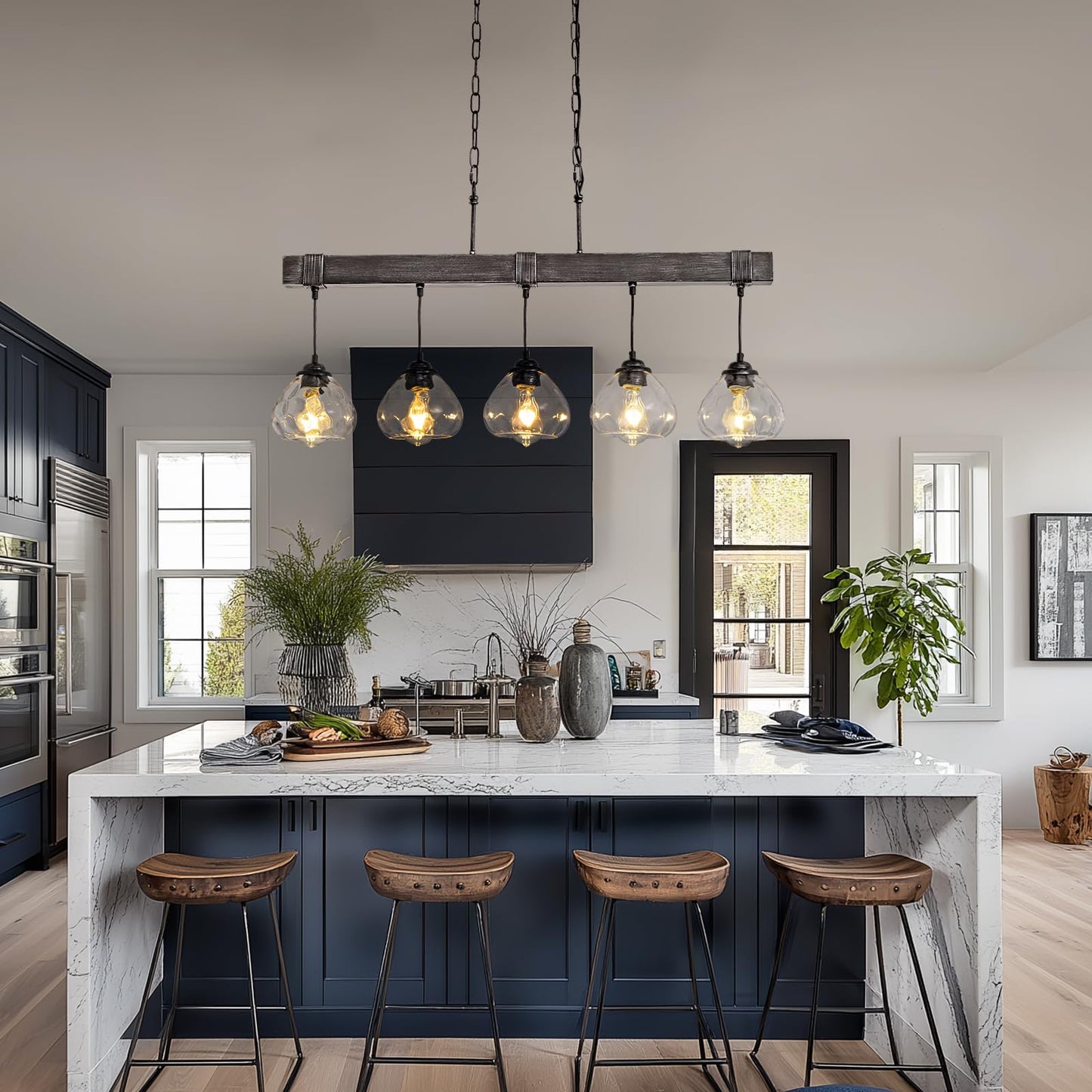 7PMBEANE Linear Chandelier for Dining Room, Modern 5-Light Kitchen Island Lighting,Black Farmhouse Linear Chandelier with Glass Shades, L39IN+W5.5IN+H7.9IN