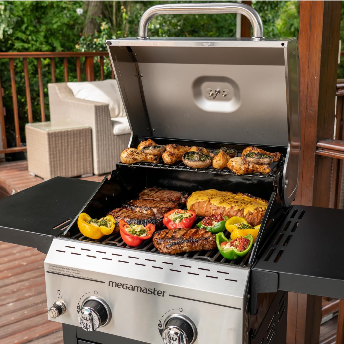 Megamaster Deluxe 2-Burner Gas Grill with Foldable Side Tables, 418 SQ In Cooking Space, 28000 BTUs, Stainless Steel Lid, Propane BBQ Grill for Outdoor Cooking, Patios, Backyards and More - 720-0864MA