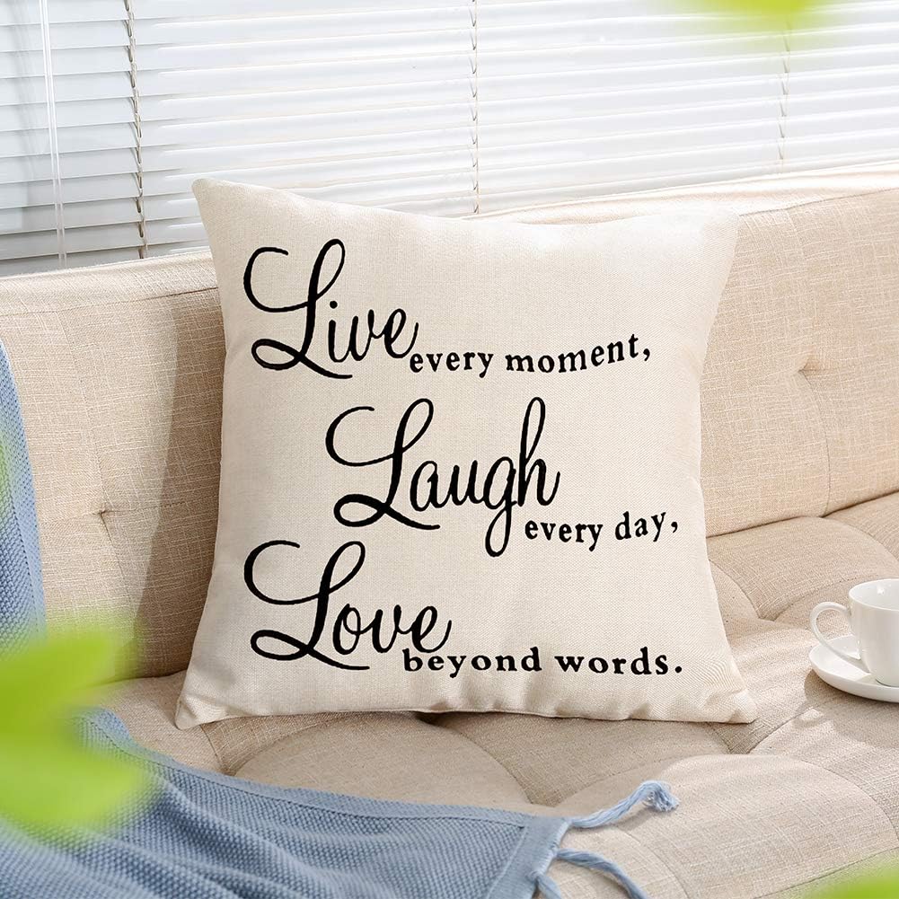 Ogiselestyle Motivational Sign Throw Pillow Case, Live Every Moment, Laugh Every Day, Love Beyond Words, 18" x 18"