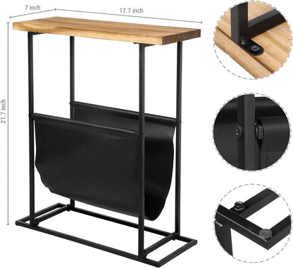 21-Inch MyGift Modern Narrow Living Room End Table with Solid Burnt Wood Tabletop and Black Metal Frame, Bedroom