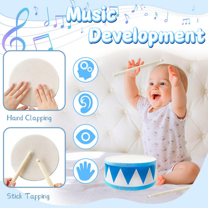 Kids Drum Set,8 Inch Wooden Drum Toys,Educational Baby Musical Toy with an Adjustable Strap and 2 Drumsticks,Sensory Musical Instrument Toys for Toddler,Kids,Boys & Girls