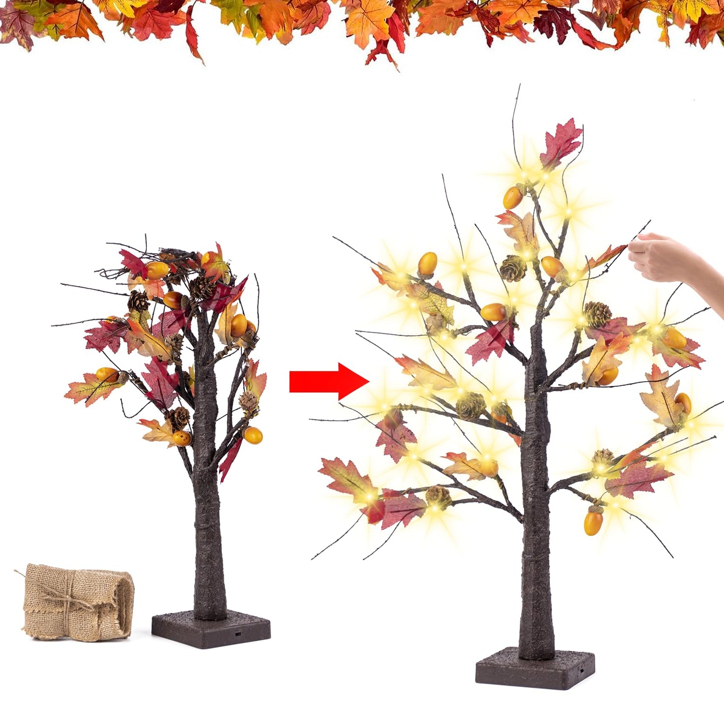 2 Pack Lighted Fall Trees 24in - Battery Operated Autumn Centerpiece with Acorns & Pinecones for Thanksgiving Halloween Decor