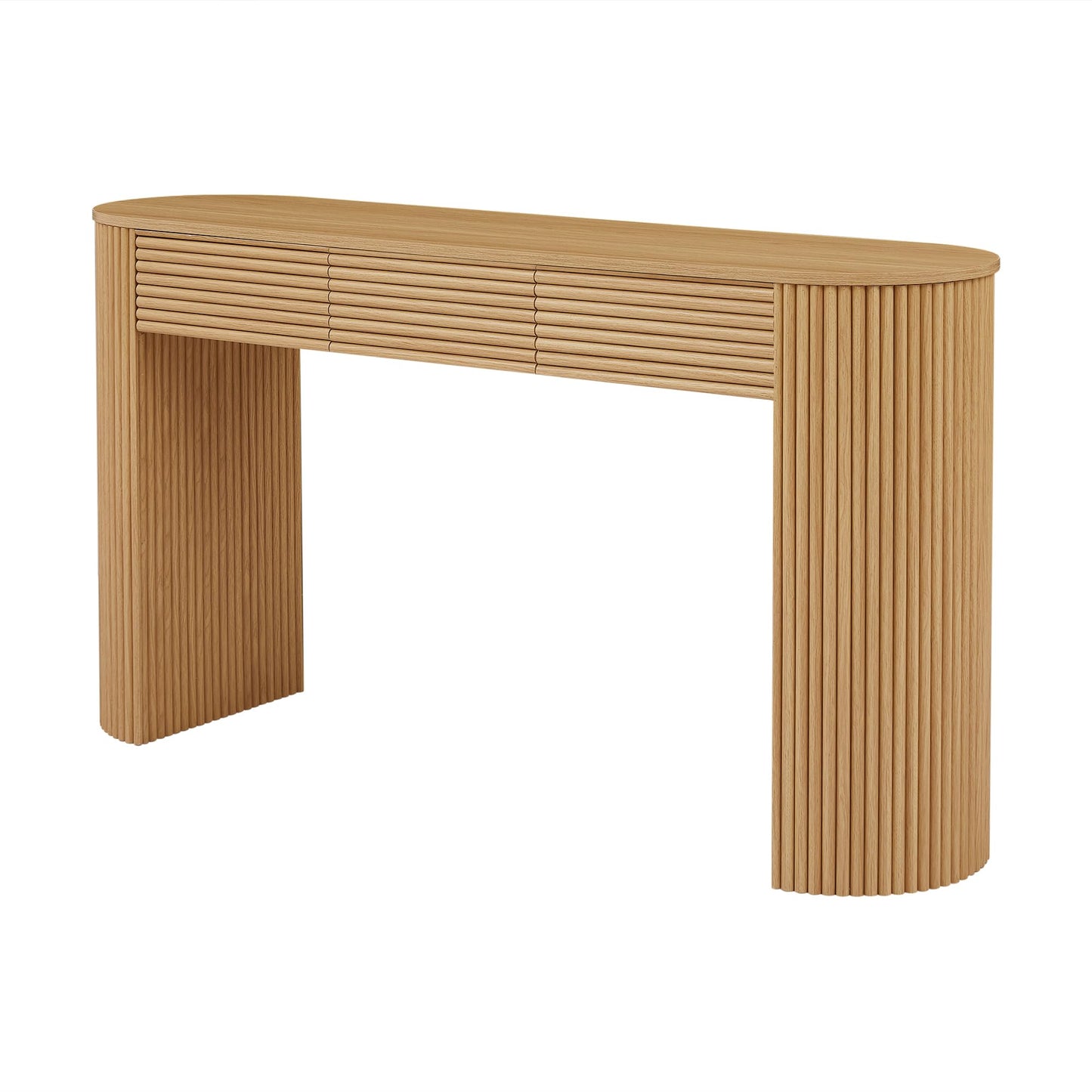 Christopher Knight Home Sara MDF Console Table With Storage, Narrow Entryway Table With 3 Drawers & Table-Leg Niche, Retro Couch Table, Round Slat Aesthetic Sofa Table For Living Room Hallway, Natural