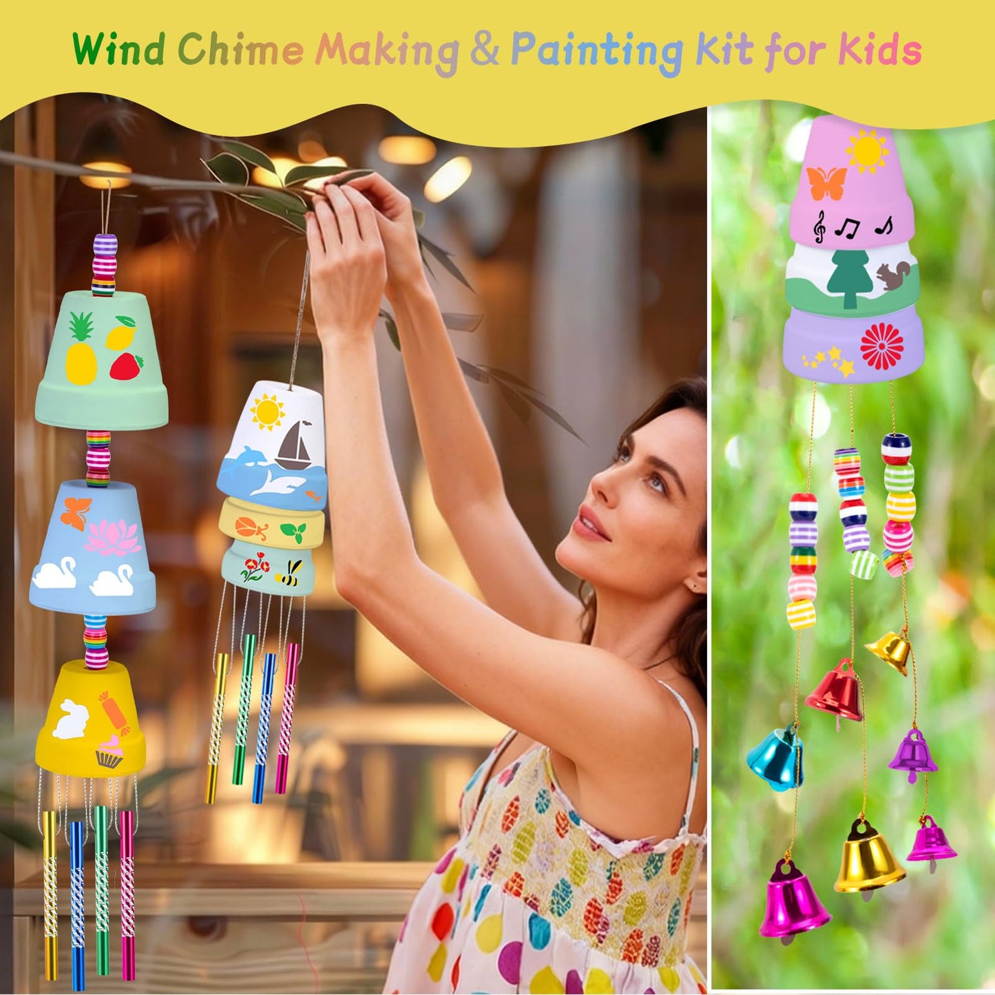 3 Pack Wind Chime Making Kit- Wind Chime Craft Painting Kit-Ceramic Pot, Bells, Stencils and Beads DIY Crafts Gifts for End of Year Student, Christmas, Birthday, Summer Decor