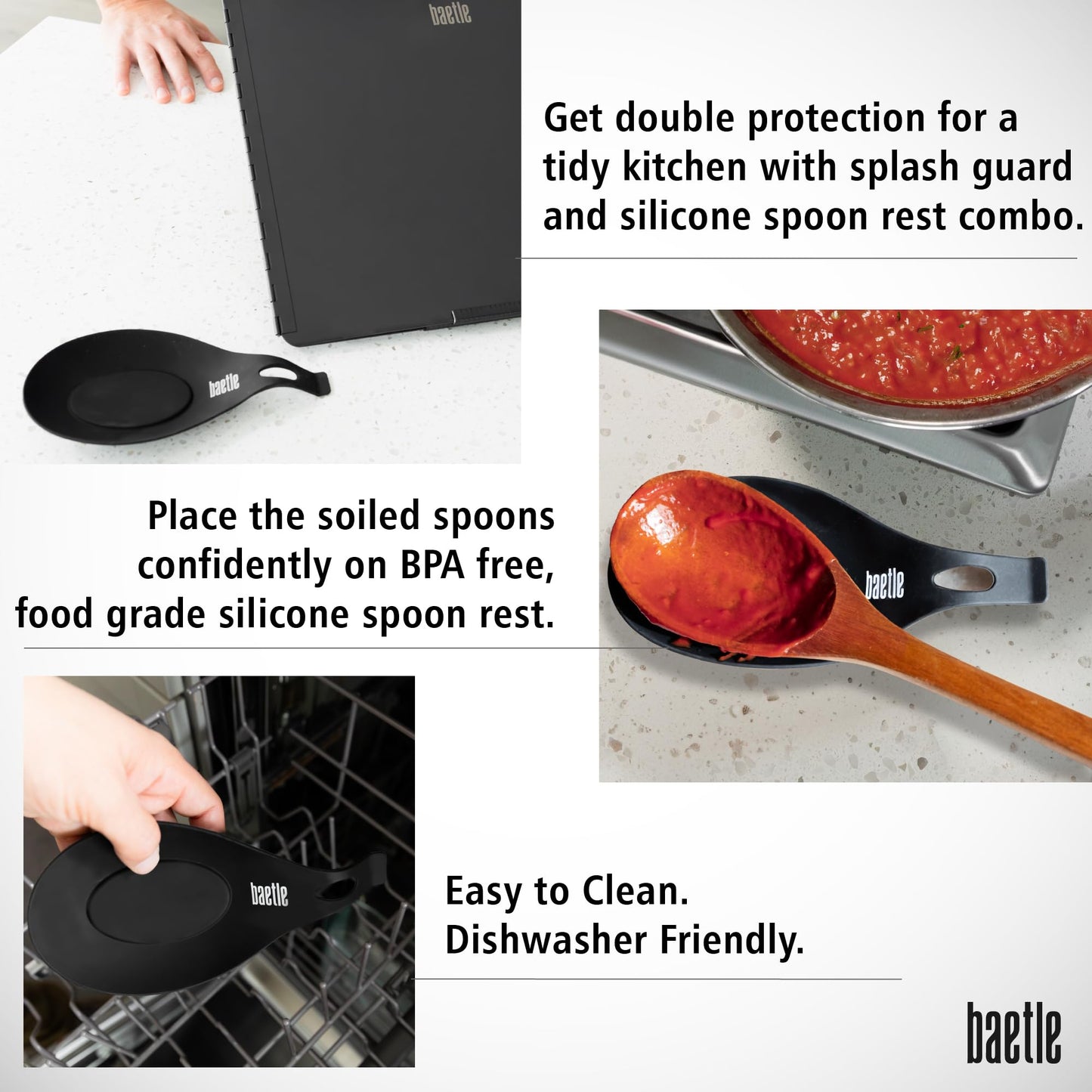 Extra-Large 2-Piece Splatter Guard (15.7” x 15.7”), Heavy-Duty, Commercial-Quality Stainless Steel Oil Splash Shield with Foldable 2-Panel Design & Silicone Spoon Rest by Baetle