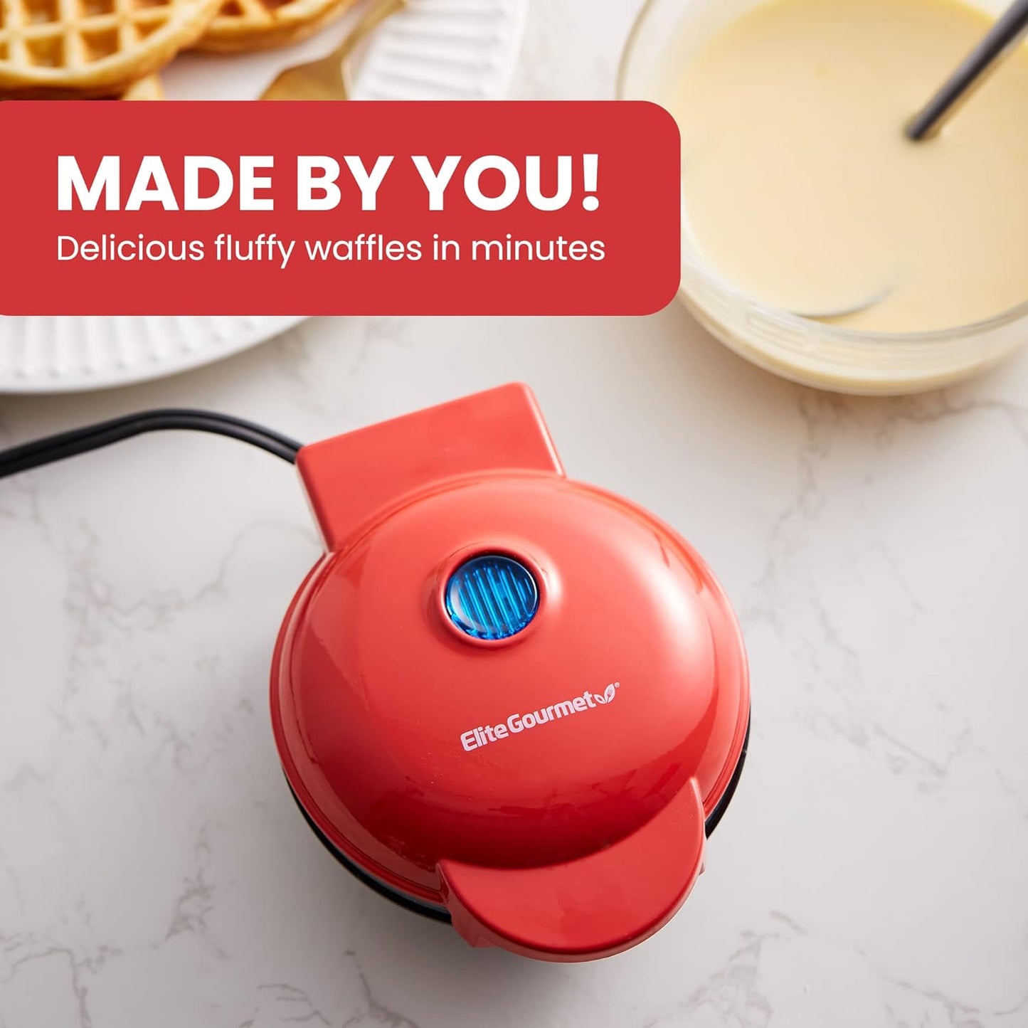 Elite Gourmet EWM015R Electric Nonstick Mini Waffle Maker, Compact Design for Belgian Waffles, Red