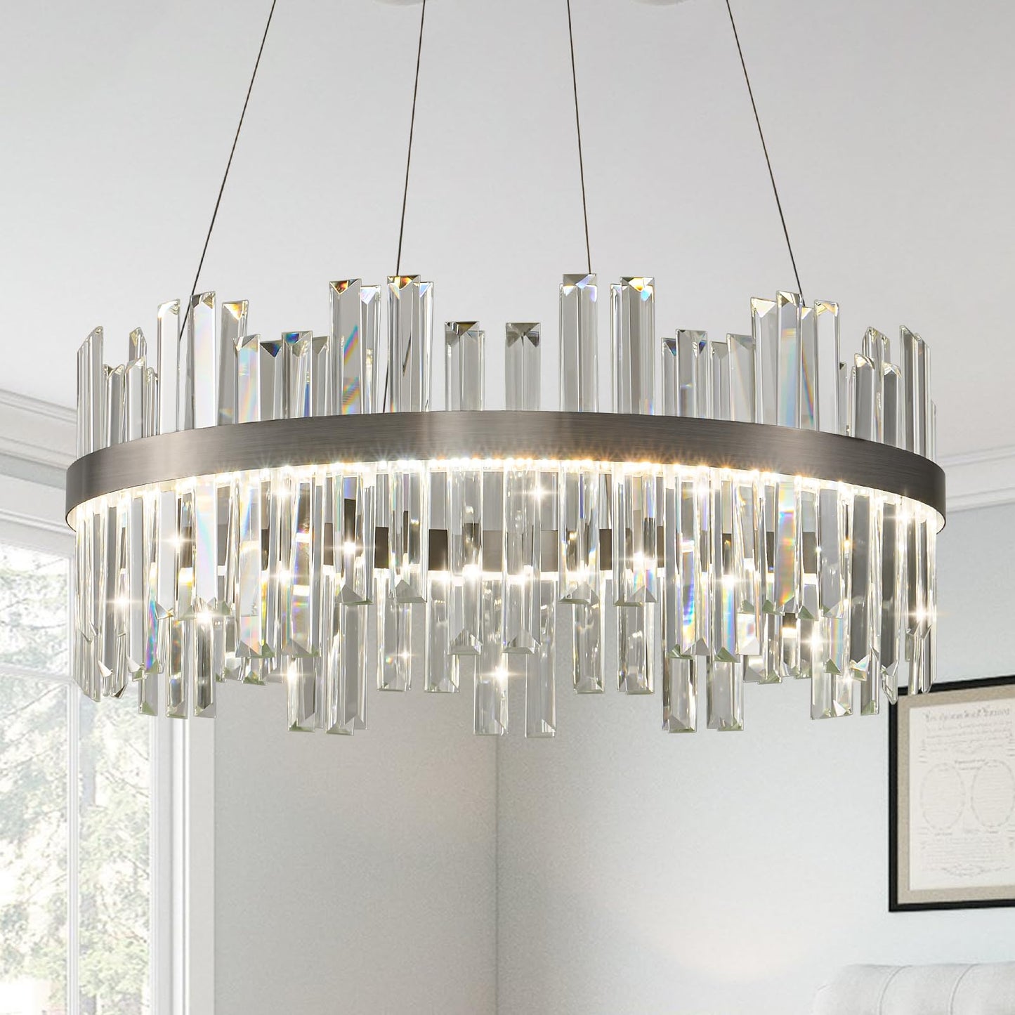 Nickel Led Modern Crystal Chandelier: 23.6" Round K9 Luxury Smoke Grey & Clear Crystal 3 Color Dimmable Contemporary Chandeliers for Dining Room Light over Table - Adjustable Height Light with Remote