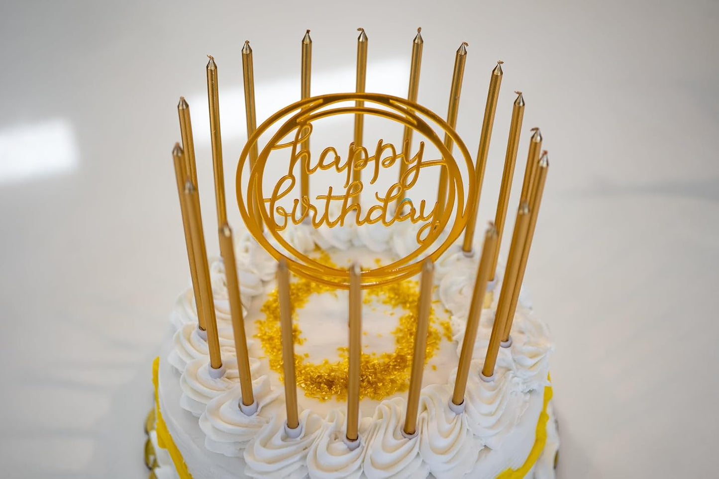 24 Count Tall Thin Metallic Gold Birthday Candles with Holders and Classy Cake Topper for Custom Cake