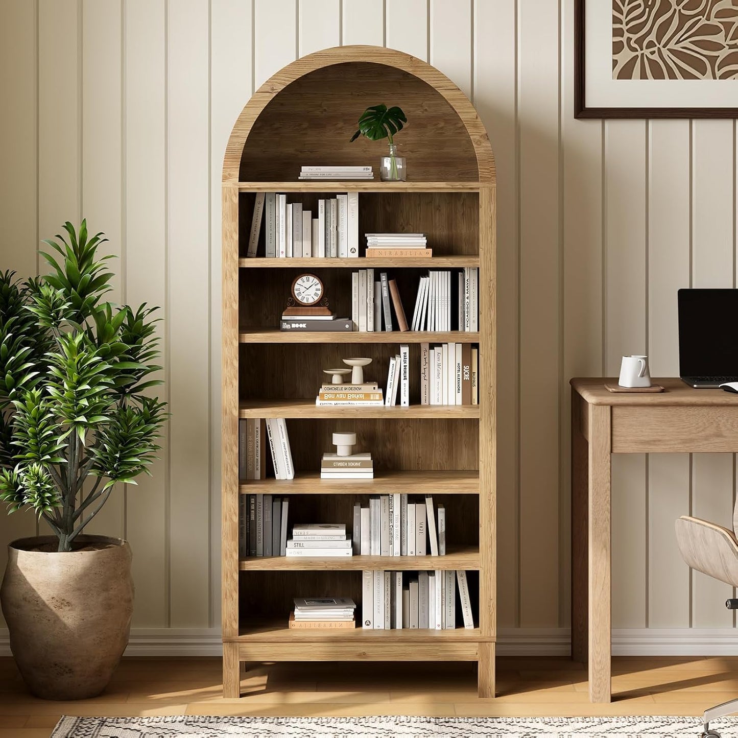 71" Tall Farmhouse Arched Display Cabinet with Adjustable Shelves, 7 Tier Arched Bathroom Storage Cabinet Bookshelf Bookcase Food Pantry Shoe Closet Shelf Organizer for Living Room Entryway Hallway