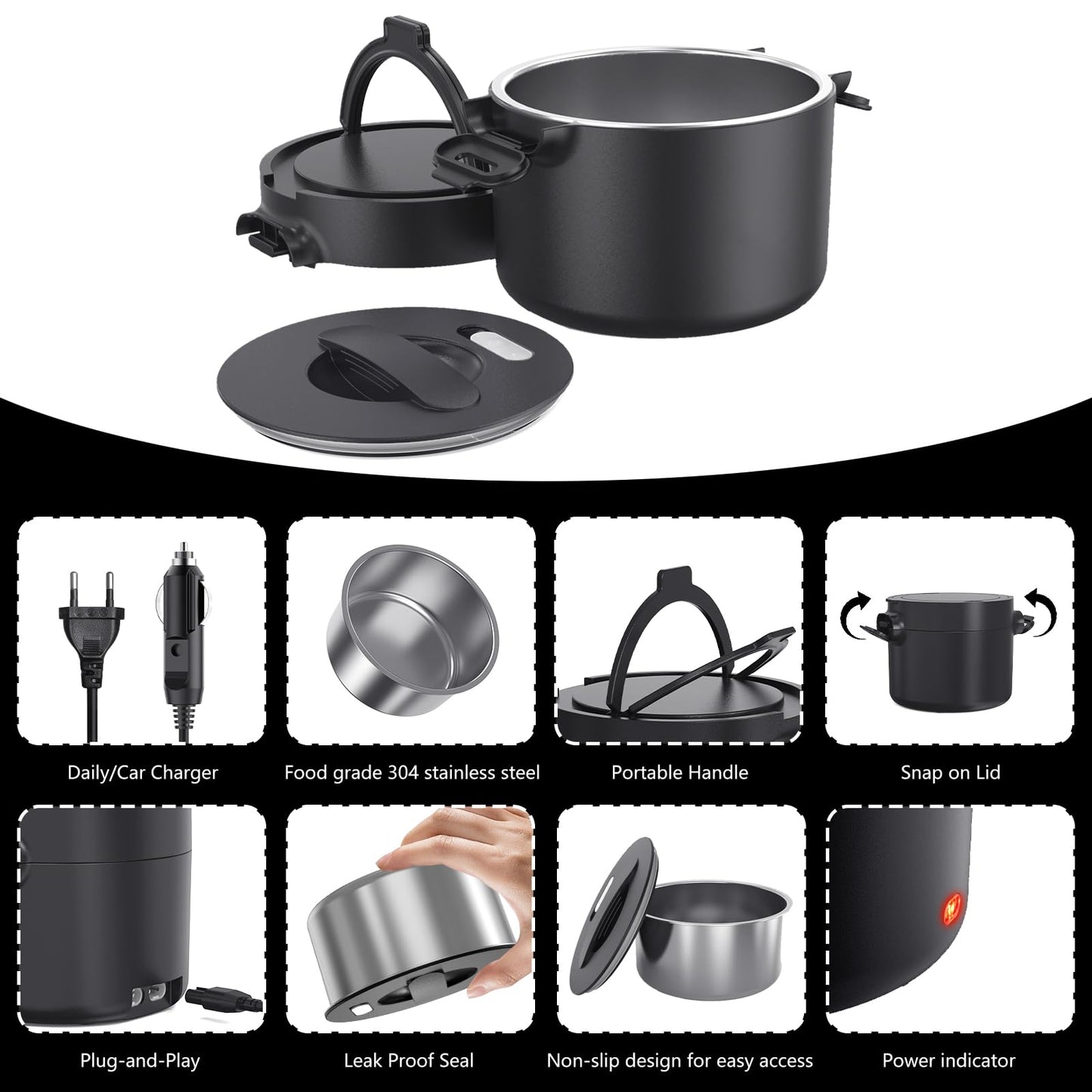 Budth Electric Lunch Box, Portable Food Warmer for Car, Truck, Office, 12V 24V 110V Adapter, Leak Proof, 304 Stainless Steel Container, SS fork & Spoon and Carry Bag (Black)