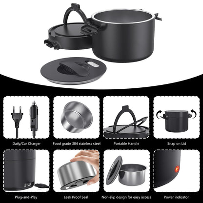 Budth Electric Lunch Box, Portable Food Warmer for Car, Truck, Office, 12V 24V 110V Adapter, Leak Proof, 304 Stainless Steel Container, SS fork & Spoon and Carry Bag (Black)