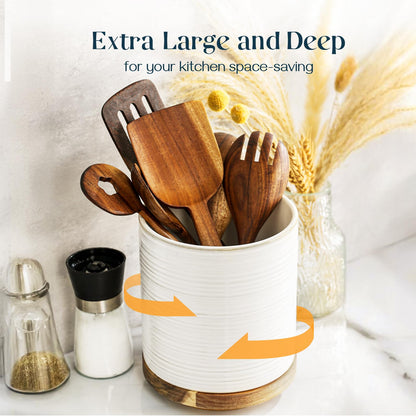 DOWAN 360° Rotating Extra Large Cooking Utensil Holder, 7.6" Kitchen Utensil Holder for Countertop, Utensil Crock for Farmhouse Kitchen Decor, Ceramic Stable Utensil Caddy, Soft White