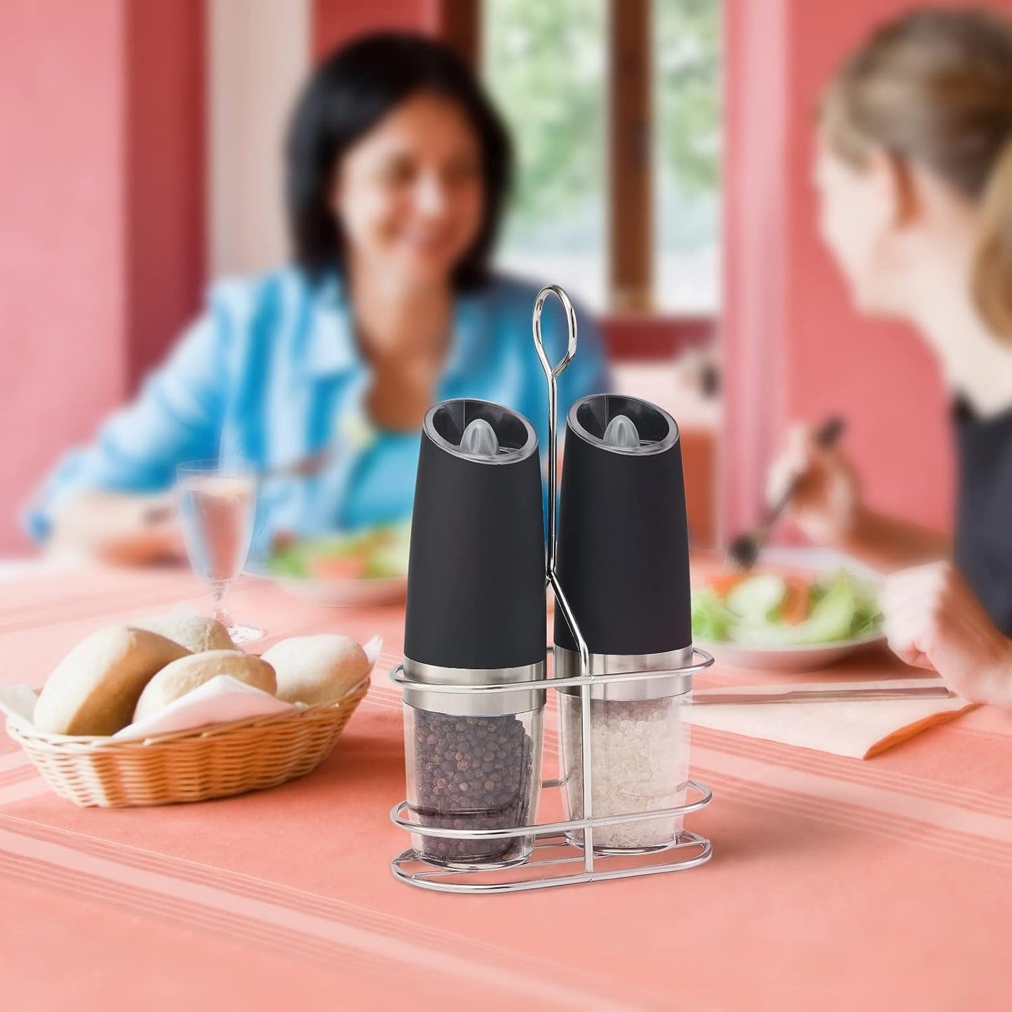 Gravity Electric Pepper and Salt Grinder Set, Battery Operated Mill with Blue LED Light, One Hand Operation, Adjustable