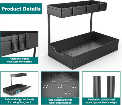 Nature's Source Under Sink Organizer - 2 Tier Sliding Cabinet Storage Baskets | L-Shape Design, Black