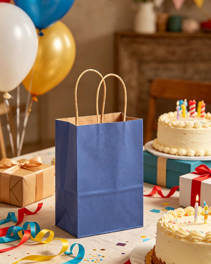 qiqee 50-Packs Gift Bag with Handles Bulk Kraft Deep Blue Paper Bags Multiple Uses (8.3"x3"x6"inch Small Size)