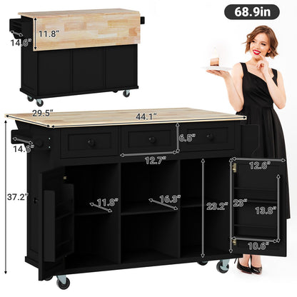 Rovibek Kitchen Island with Drawers 53 in Rolling Island Cart Mobile Portable Islands on Wheels Solid Wood Island with Storage Cabinet & Drawers, Jet Black