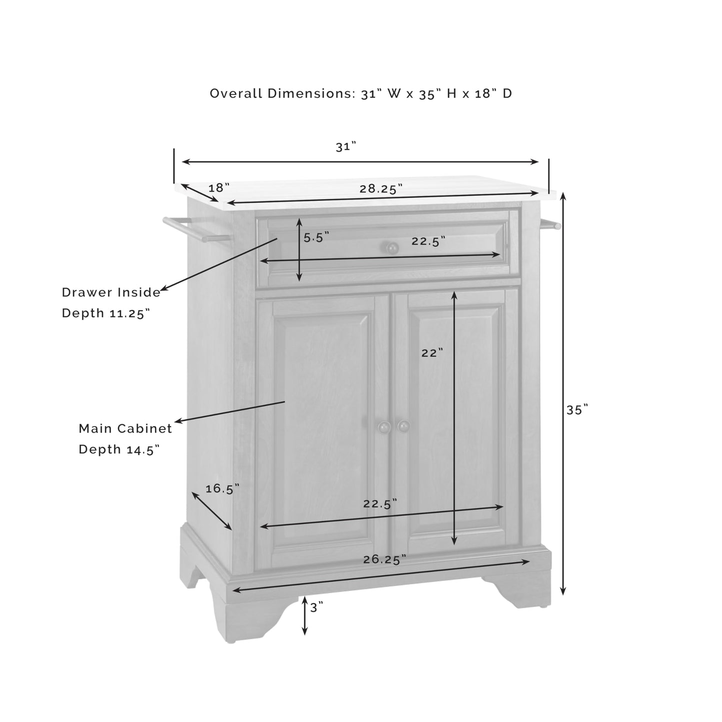Crosley Furniture Lafayette Granite Top Small Portable Rolling Kitchen Island Storage Cart, Microwave Stand, White
