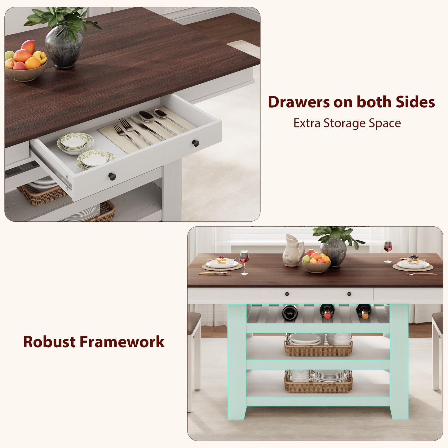 SLEKVERSA Farmhouse Dining Counter Height Table with Wine Rack & 3 Shelves, 36" Wooden Tall Dining Table with 2 Drawers, Thick Frame Counter Height Kitchen Table for Entertaining, Retro White Brown