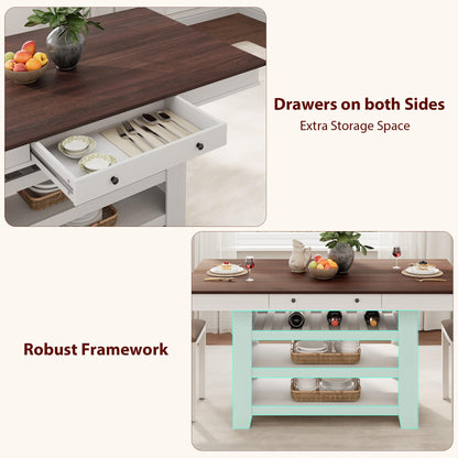 SLEKVERSA Farmhouse Dining Counter Height Table with Wine Rack & 3 Shelves, 36" Wooden Tall Dining Table with 2 Drawers, Thick Frame Counter Height Kitchen Table for Entertaining, Retro White Brown