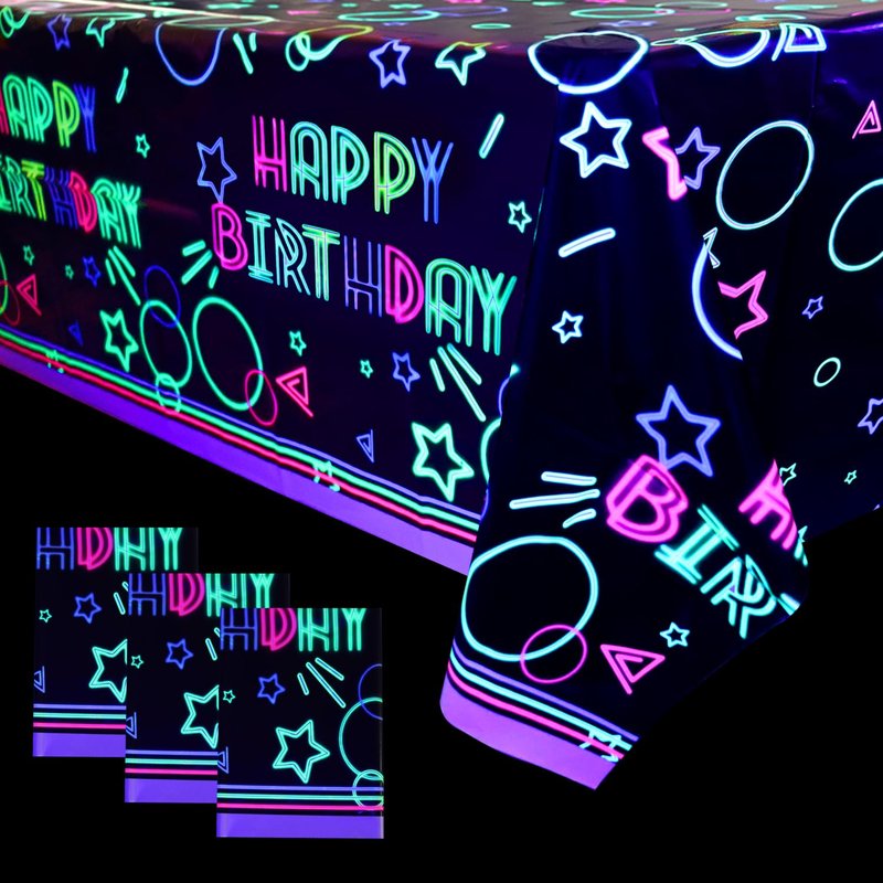 XJLANTTE 4 Pack Glow Party Tablecloth Supplies - Neon Plastic Birthday Table Cover, Black Light Fluorescence Rectangle Table Cloth 51"x86.6" for Glow in The Dark Birthday Party Decorations