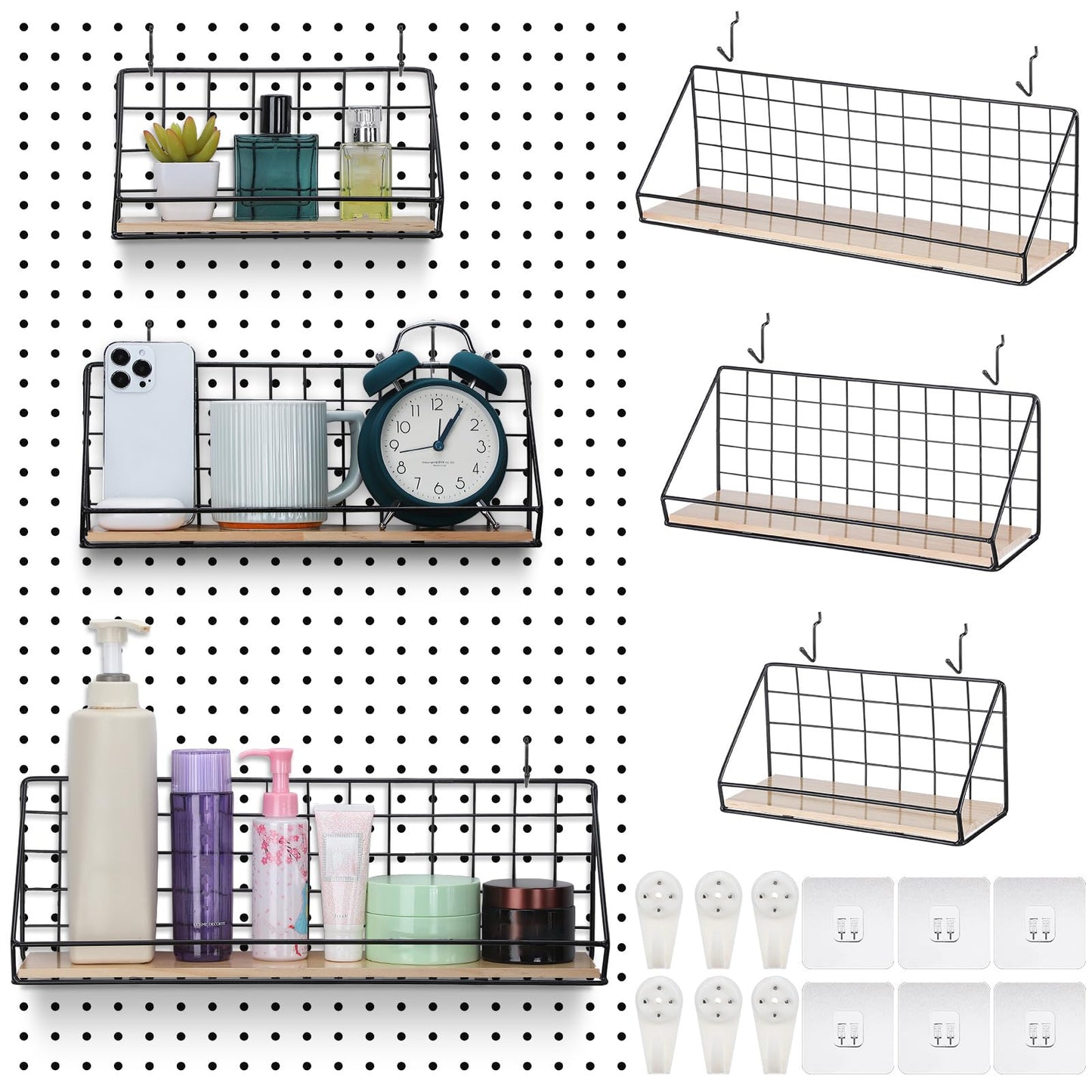 Roowest 3 Sets Metal Pegboard Shelves with Steel Peg Board Brackets and Hooks Wall Organizer Storage Display Tray Accessories for Craft Room Home Office Garage Nursery Workbench Kitchen(Black)
