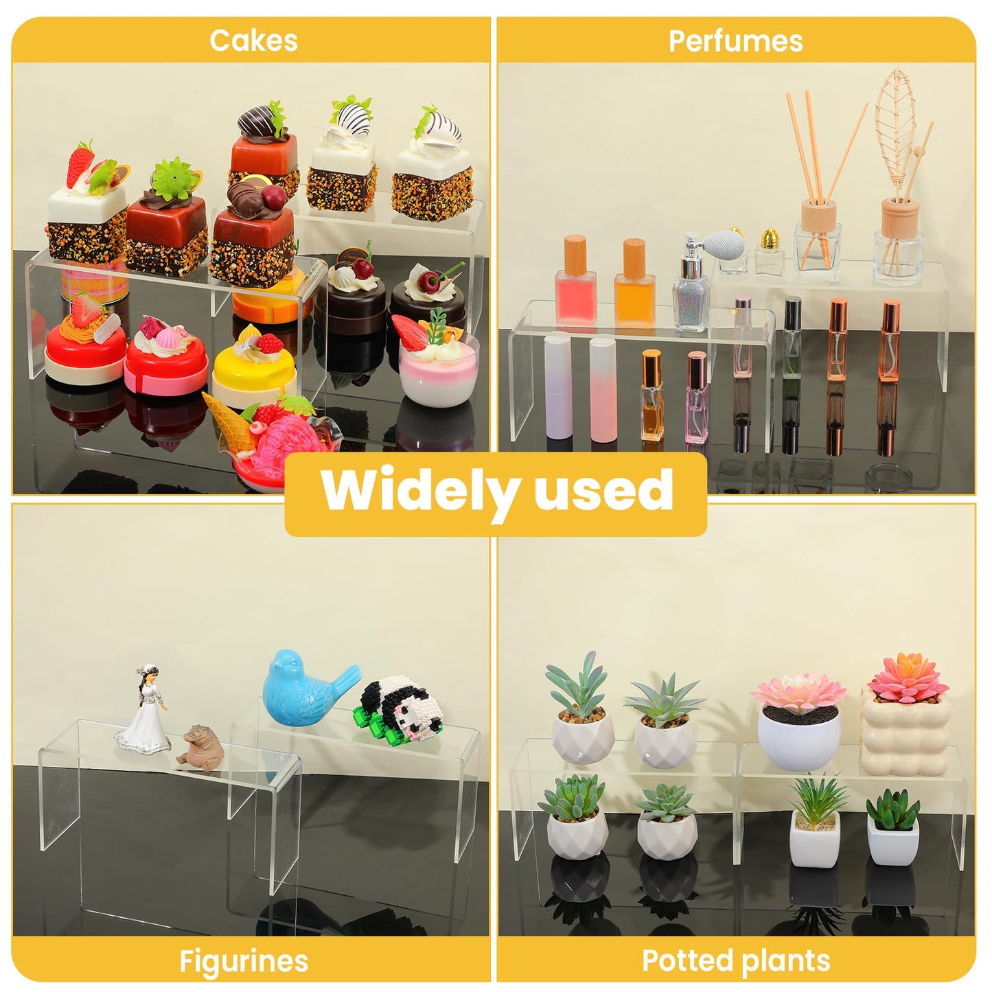Limbeuuu 4 Pack Acrylic Risers Display Stands, Display Stands for Collectibles, Clear Acrylic Shelf for Show Decor, Toys, Cupcake (9.4 x 3.1 x 4.3 inches)