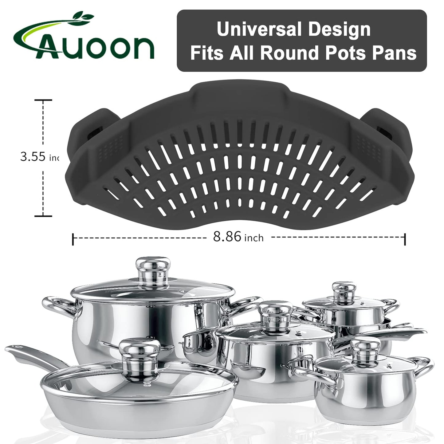 AUOON Clip On Strainer Silicone for All Pots and Pans, Pasta Strainer Clip on Food Strainer for Meat Vegetables Fruit Silicone Kitchen Colander (Gray)