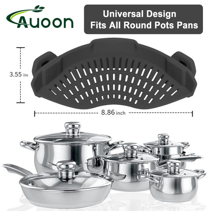 AUOON Clip On Strainer Silicone for All Pots and Pans, Pasta Strainer Clip on Food Strainer for Meat Vegetables Fruit Silicone Kitchen Colander (Gray)