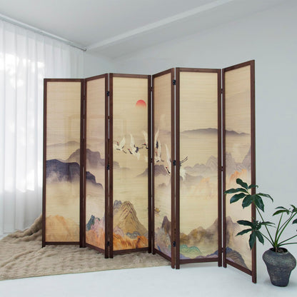 Furnnylane 6 Panel Bamboo Room Divider, 5.6 ft Tall Double-Sided Freestanding Folding Privacy Screen, Premium Thickened Wood Frame with Colorful Landscape Pattern for Home Office (67" H x 94.5" W)