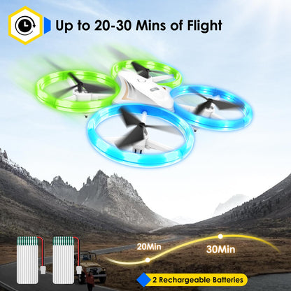 HALIVITA Drones for Kids, RC Drone with Cool Led Lights Mini Remote Control Beginner Drone Indoor Outdoor RC Quadcopter with 3D Flip and 2 Rechargeable Battery Flying Toys Gift for Boys Girls, White