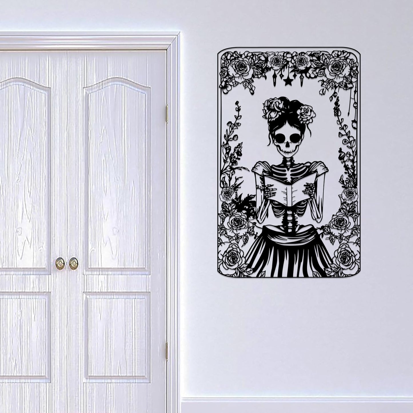 Skull Flower Metal Sign Art Decor,Skull Reading Book Silhouette Signs Wall Hanging Gifts for Birthday Halloween,Female Skeleton Plaque Decorate for Living Room Bedroom Garden Farmhouse Indoor Outdoor