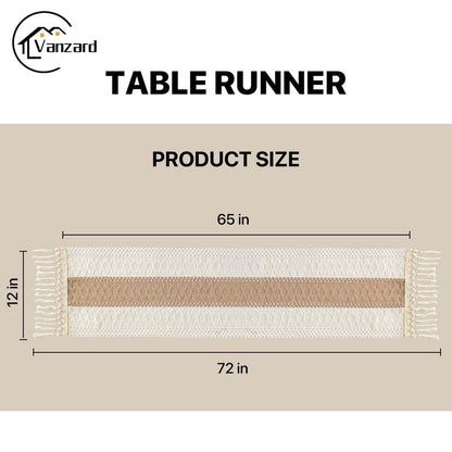 Vanzard Boho Table Runner for Spring Home Decor with Tassels 72 Inches, Farmhouse Rustic Cream & Brown Table Runners for Bohemian Kitchen Summer Dining Table(12x72in, Fringe Included)