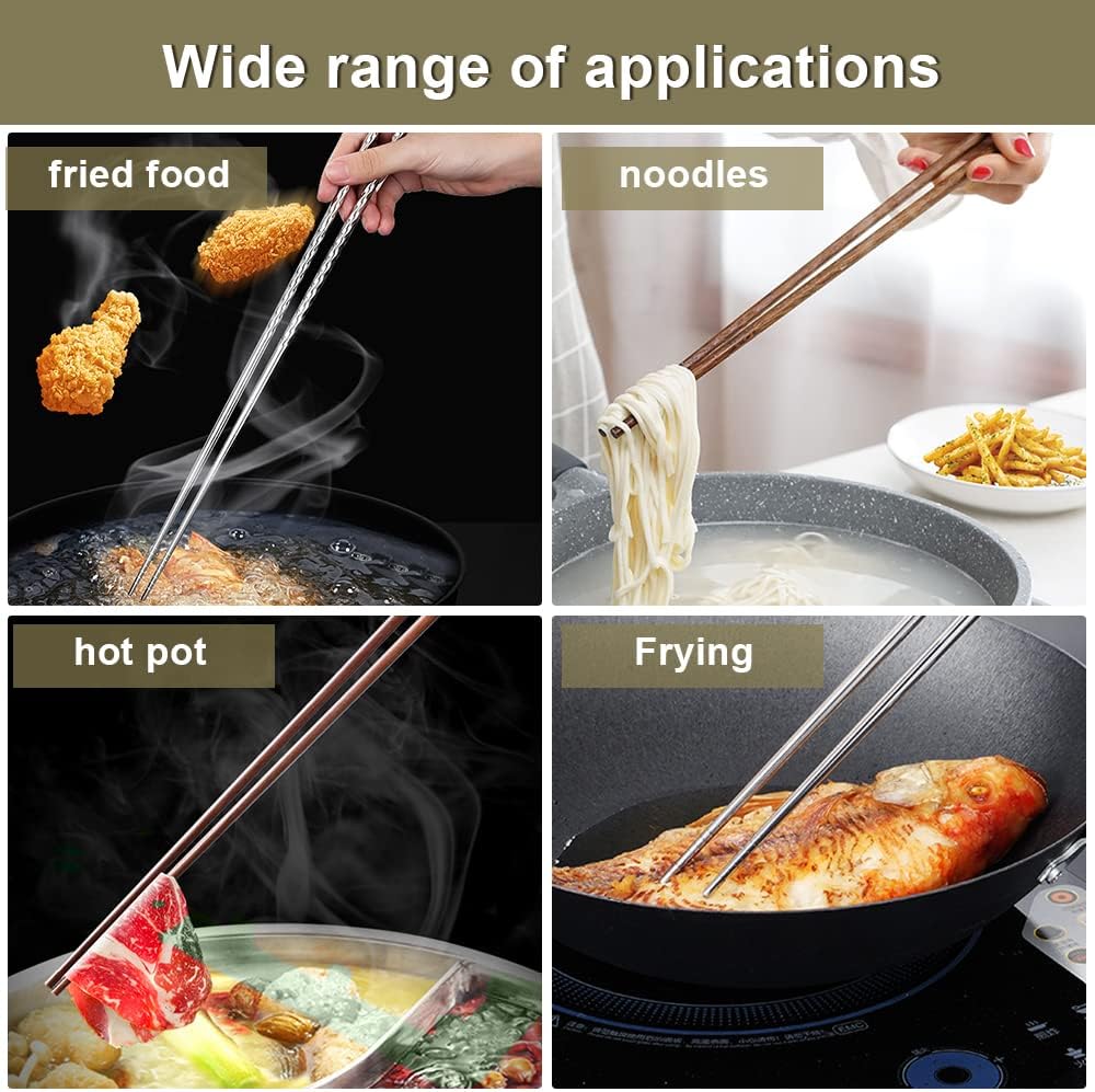 4 Pcs Long Cooking Chopsticks, Reusable Stainless Steel and Natural Wooden Extra Long for Hot Pot Cooking