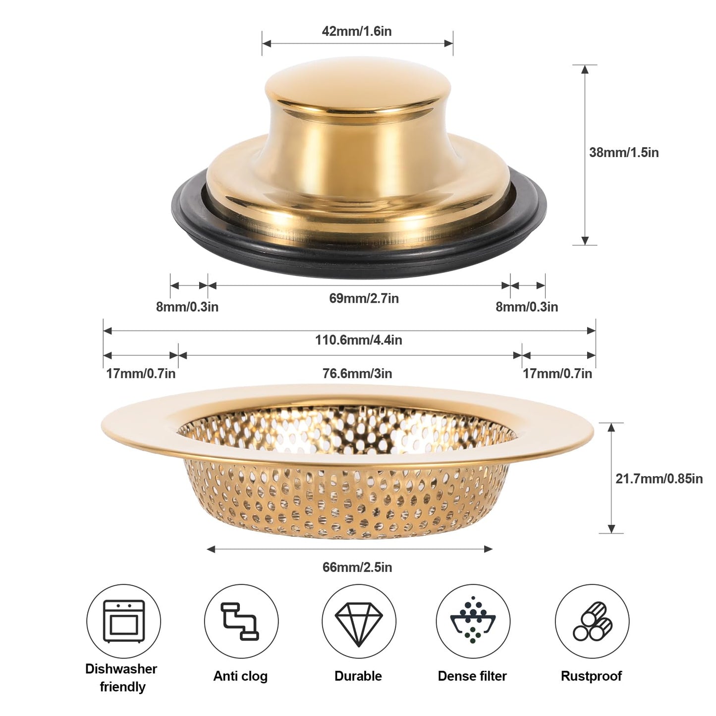 RQYEKDO Kitchen Sink Strainers Sink Stopper Kits, Stainless Steel Sink Drain Strainer Set, Large Wide Rim 4.4" Diameter Food Catcher Garbage Disposal Plug for Most Sink Drains Basket Filter (Gold)