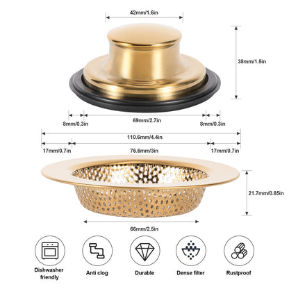 RQYEKDO Kitchen Sink Strainers Sink Stopper Kits, Stainless Steel Sink Drain Strainer Set, Large Wide Rim 4.4" Diameter Food Catcher Garbage Disposal Plug for Most Sink Drains Basket Filter (Gold)