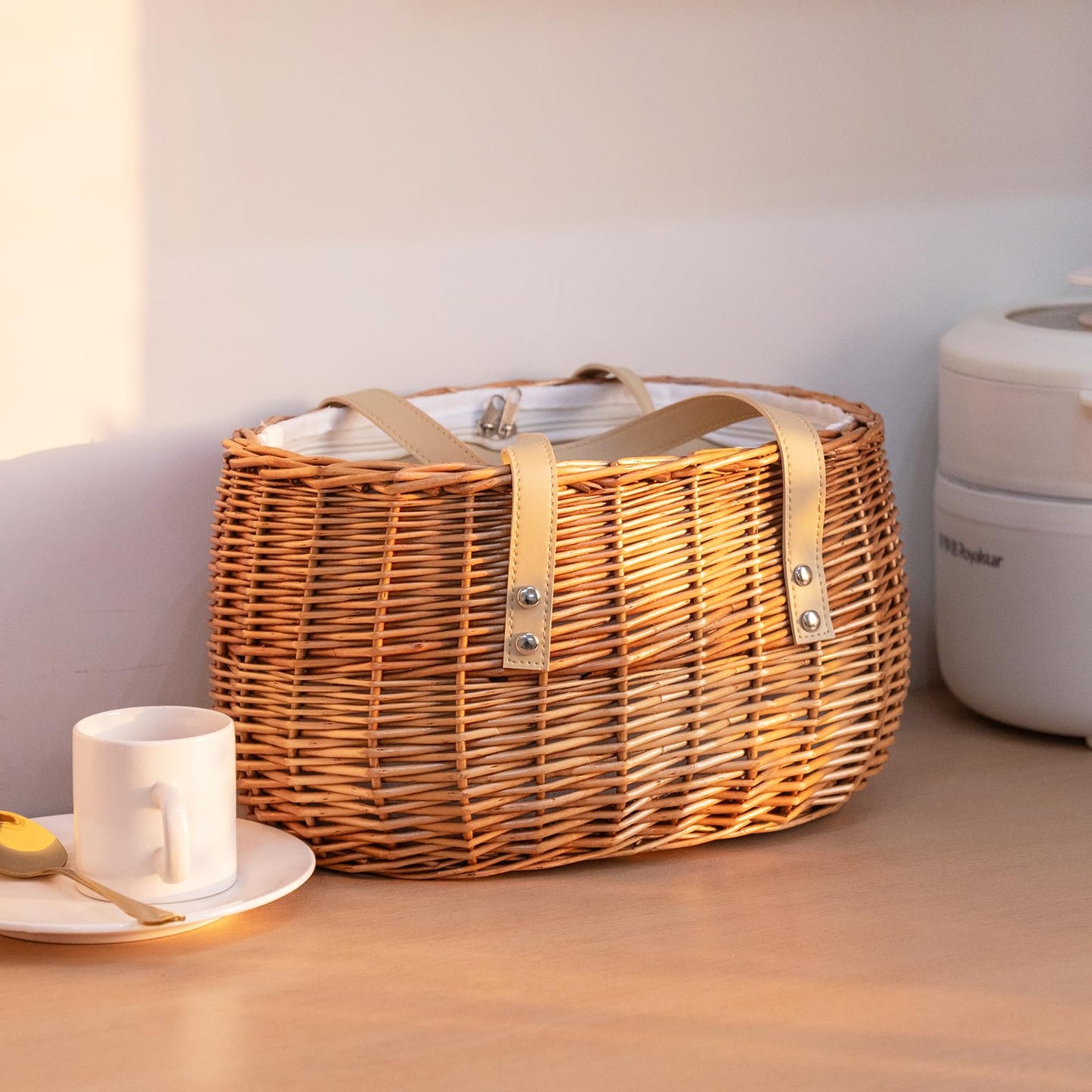 KINGWILLOW,Picnic Basket, Woven Willow Insulated Wicker Storage Basket – Zippered Canvas Lining for Food, Picnics, or home use