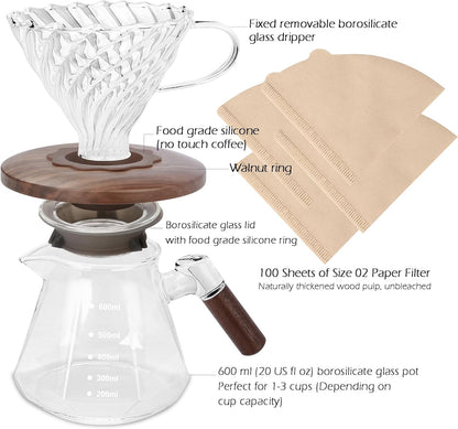 Pour Over Coffee Maker, 20 oz Borosilicate Glass Set with 100 pcs V60 Paper Filter, Walnut Collar